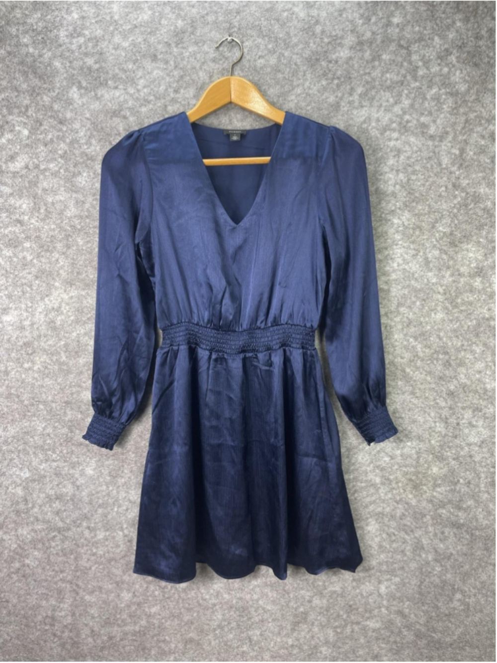 Halogen Dress Womens Small Blue Long Sleeve Smocked Waist Fit Flare Mini V Neck